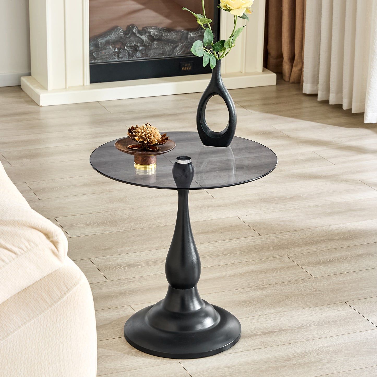 Small Vintage Matte Black Round Side Table with Glass Top