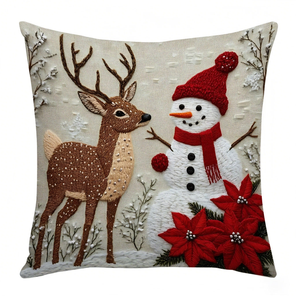 Festive Elk Rabbit Holiday Pillow Cover - Christmas Linen Cushion Decor