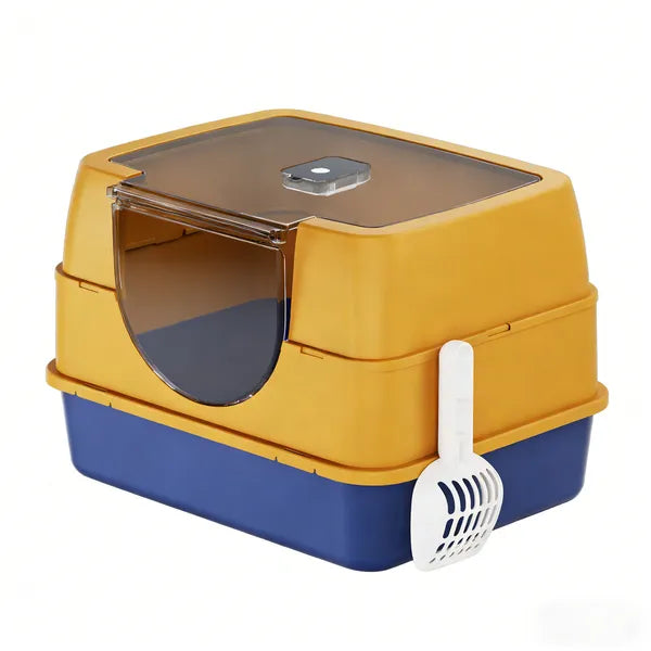 Enclosed Cat Litter Box with Odor Control & Flip-Top Design - Stainless Steel Base