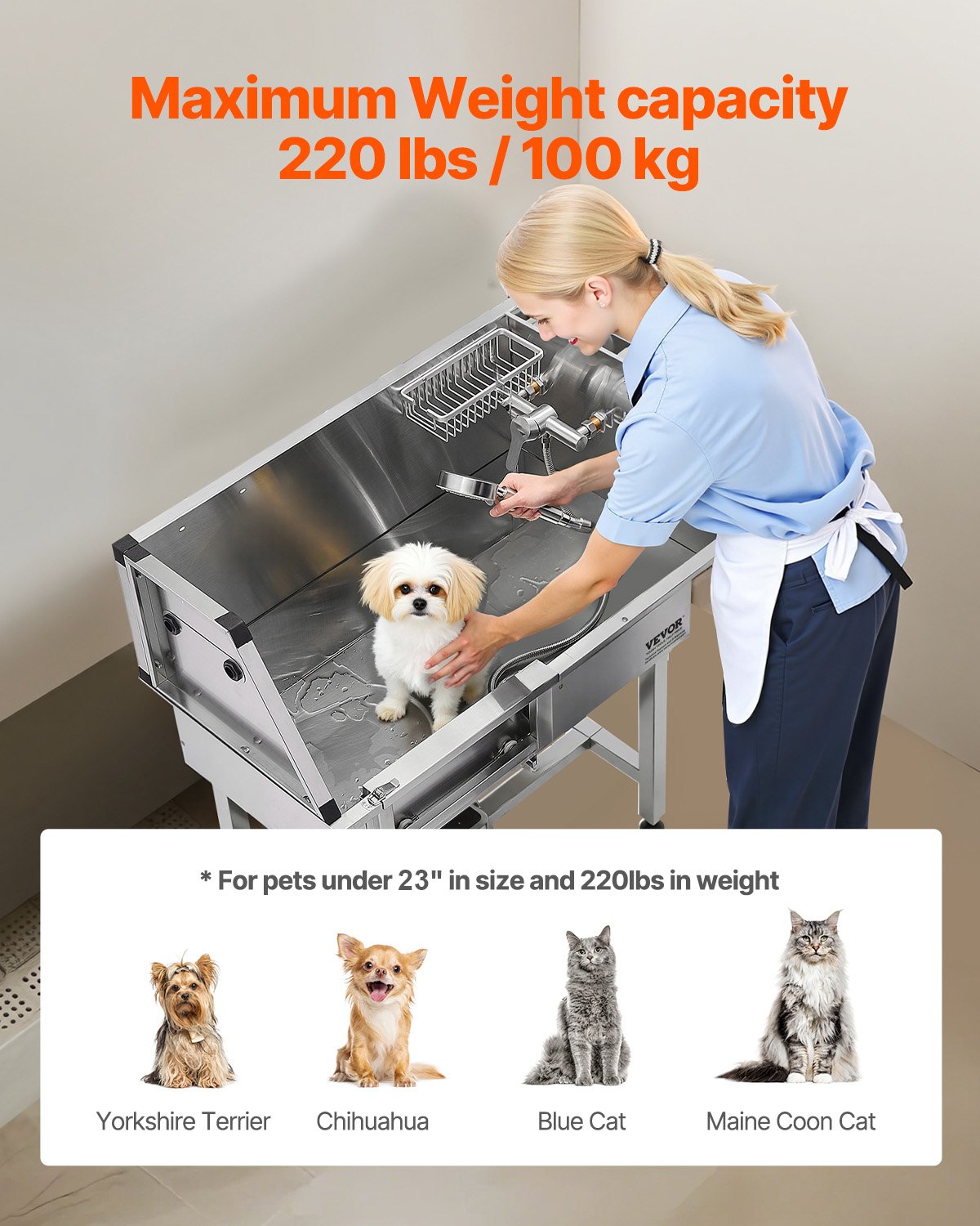 34-Inch Stainless Steel Dog Grooming Tub with Shower Faucet and Non-Slip Stairs