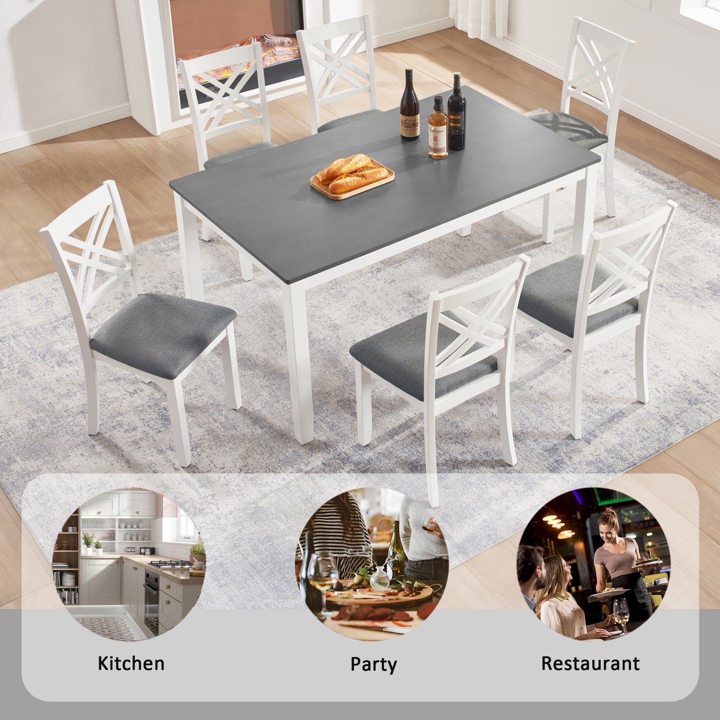 7-Piece Solid Wood Dining Set with 6 Upholstered Chairs - Grey & White