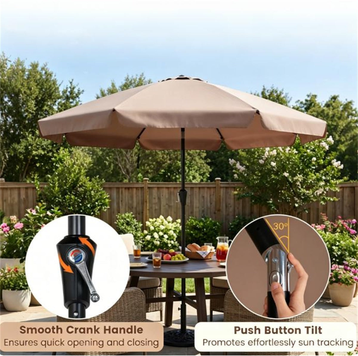 10ft Brown Scalloped Patio Umbrella with Tilt & Crank Control