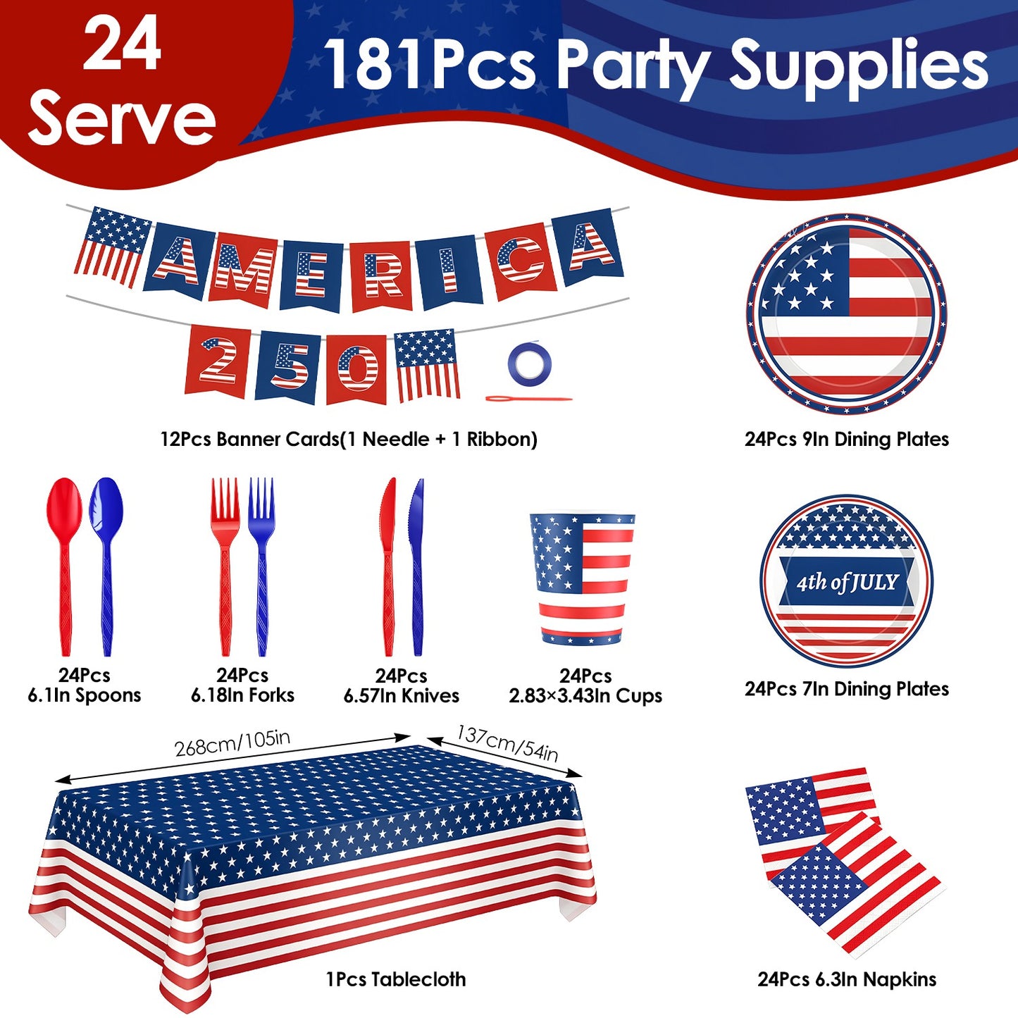 181Pcs Independence Day Party Supplies Set for 24 Guests