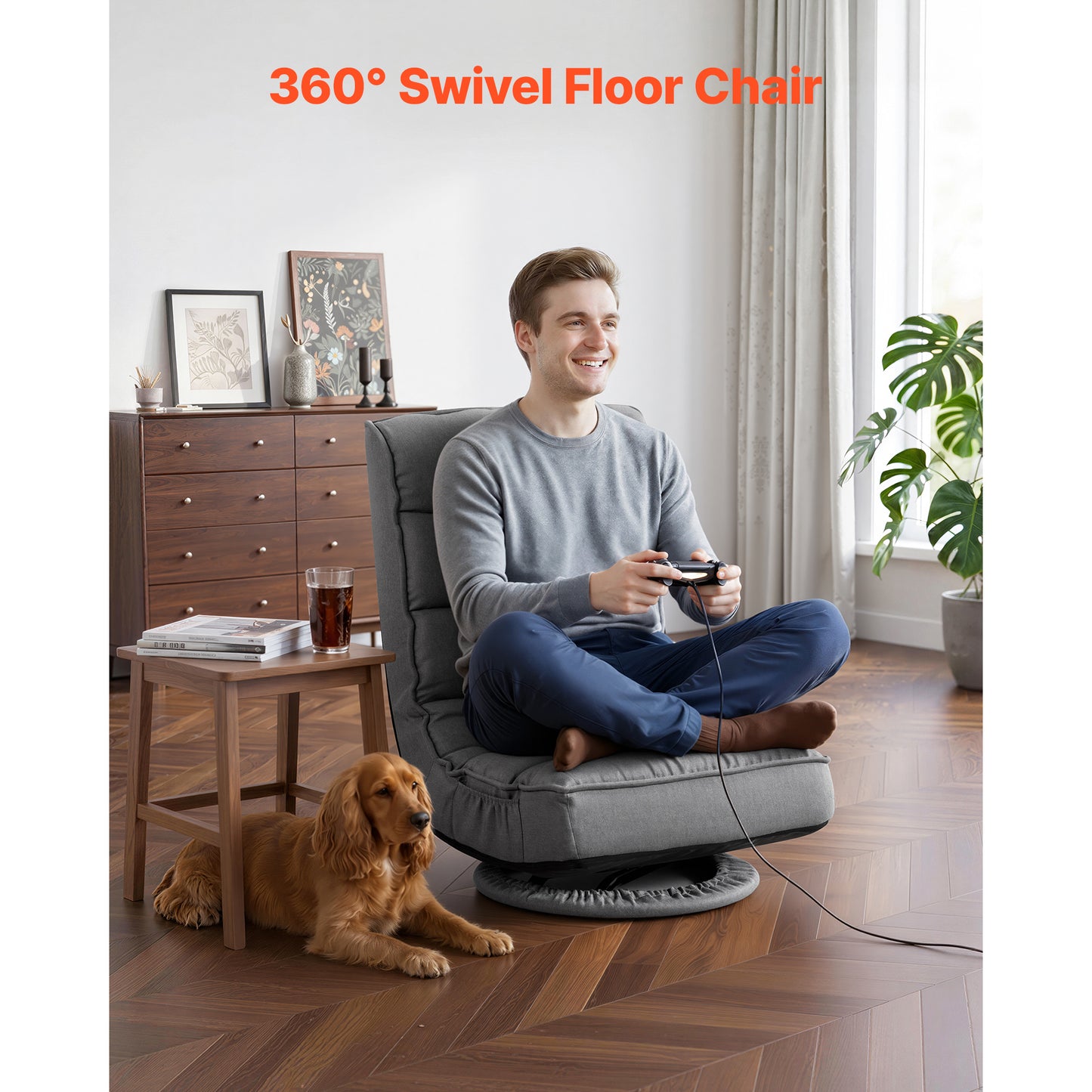 Swivel Floor Gaming Chair with 360° Rotation, Adjustable Backrest, Metal Frame, Linen Fabric, Gray