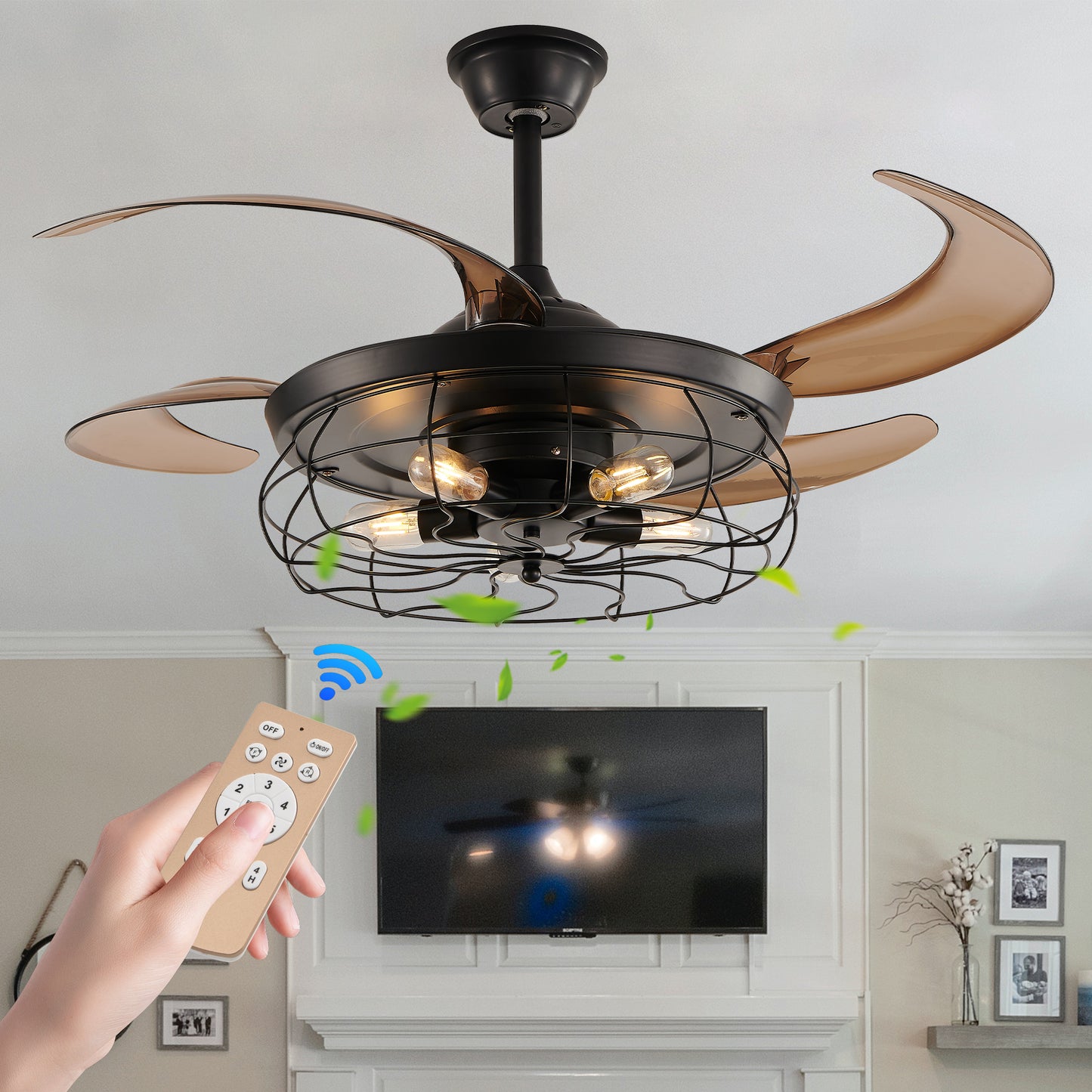 Black Remote Control Ceiling Fan - Industrial 4-Blade Design