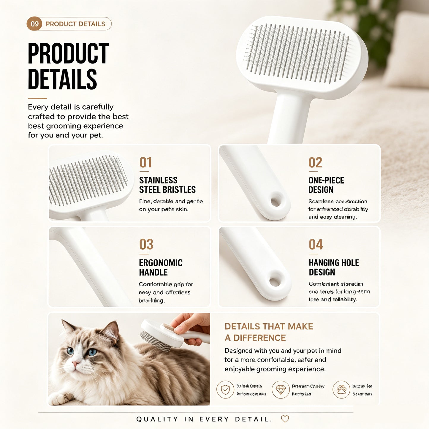 Pet Self-Cleaning Slicker Brush for Cats & Dogs - Gentle Deshedding Tool White
