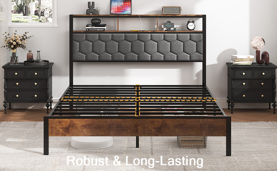 Full Wood Platform Bed Frame with Upholstered Headboard, USB Ports & Underbed Storage