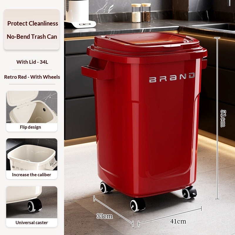 Large Capacity Kitchen Trash Can with Lid and Wheels, No Bending Needed
