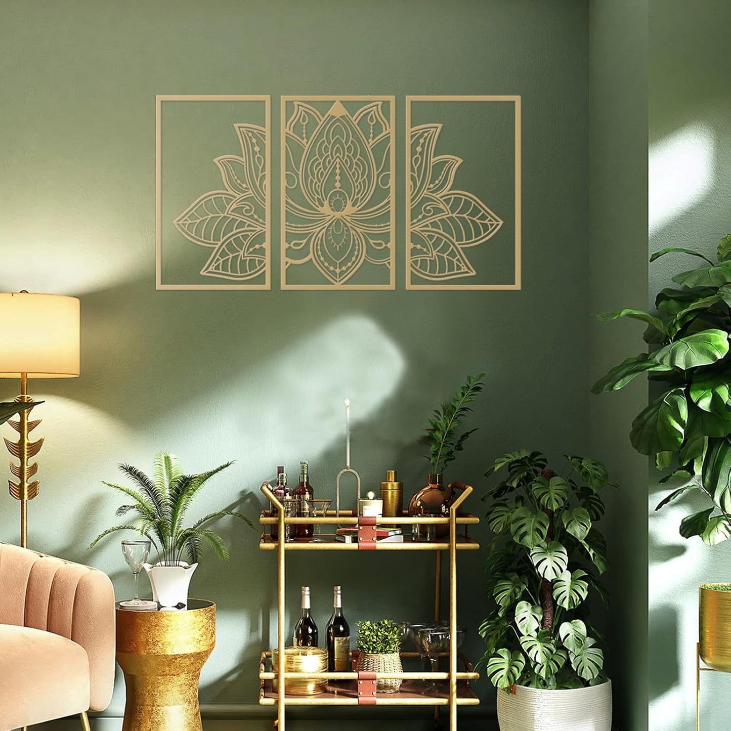 Golden Lotus Mandala Wall Art - Handmade Wrought Iron Decor