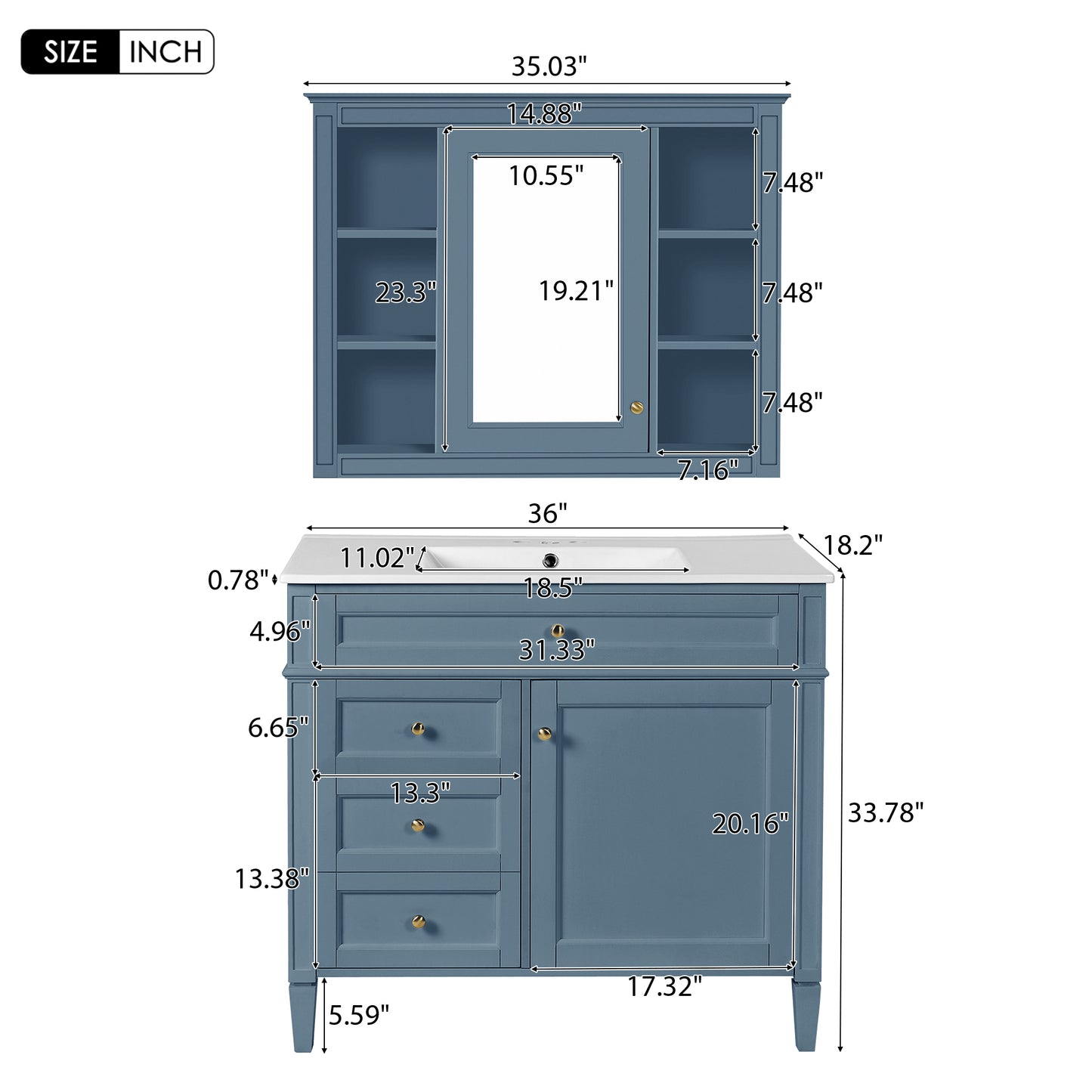 36'' Indigo Blue Bathroom Vanity with Medicine Cabinet & Sink