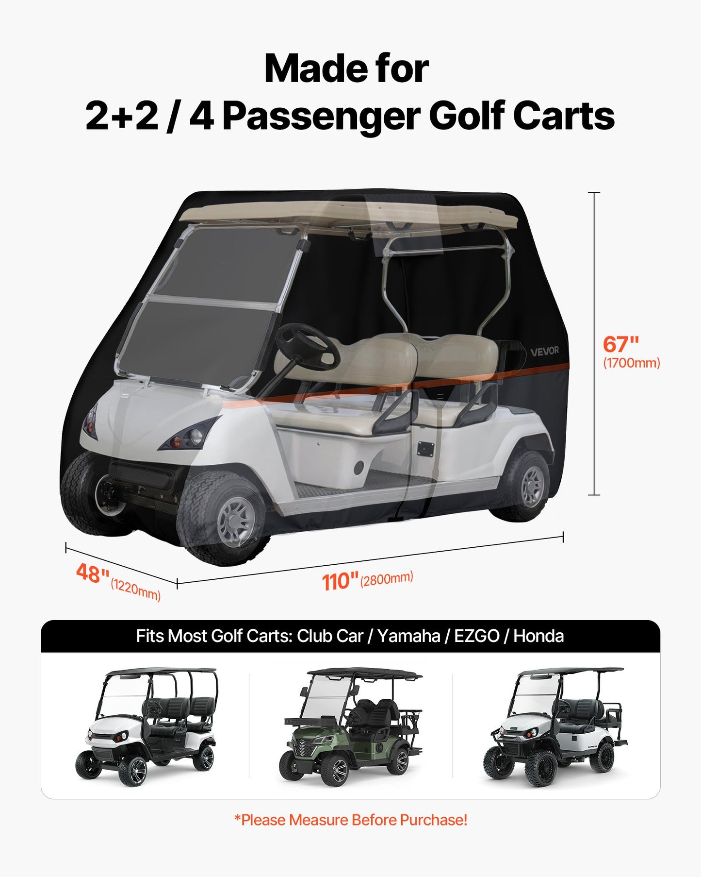 Waterproof Golf Cart Cover for 2+2/4 Passenger Carts - Universal Fit, 420D Oxford