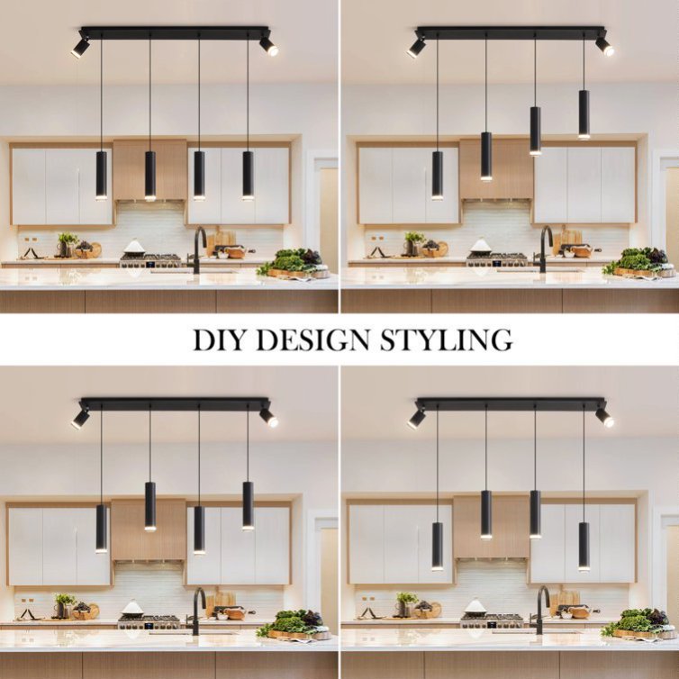 6-Light Matte Black Kitchen Island Pendant Light Fixture, Adjustable Cylinder Design