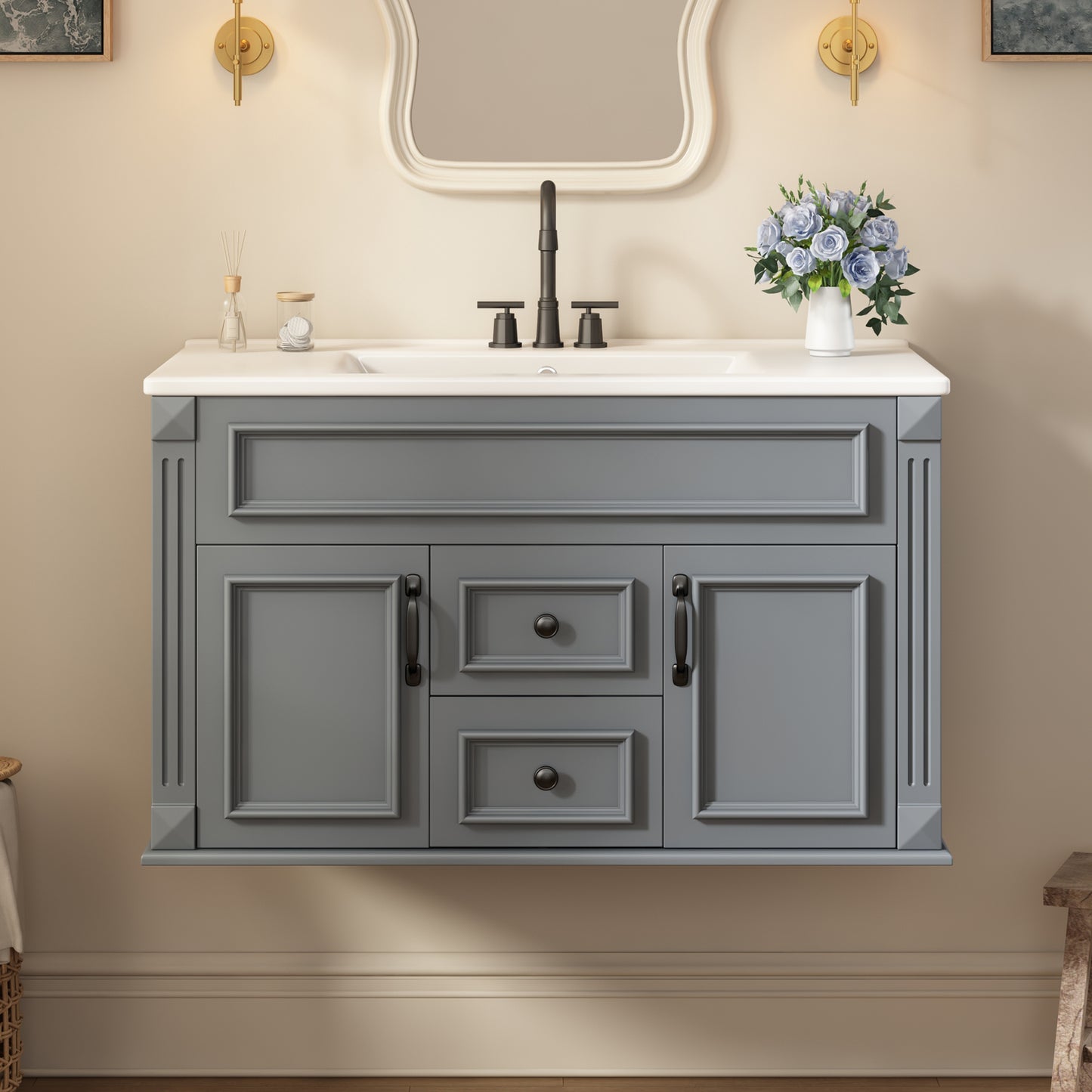 36-Inch Wall-Mounted Bathroom Vanity with Ceramic Sink - Gray