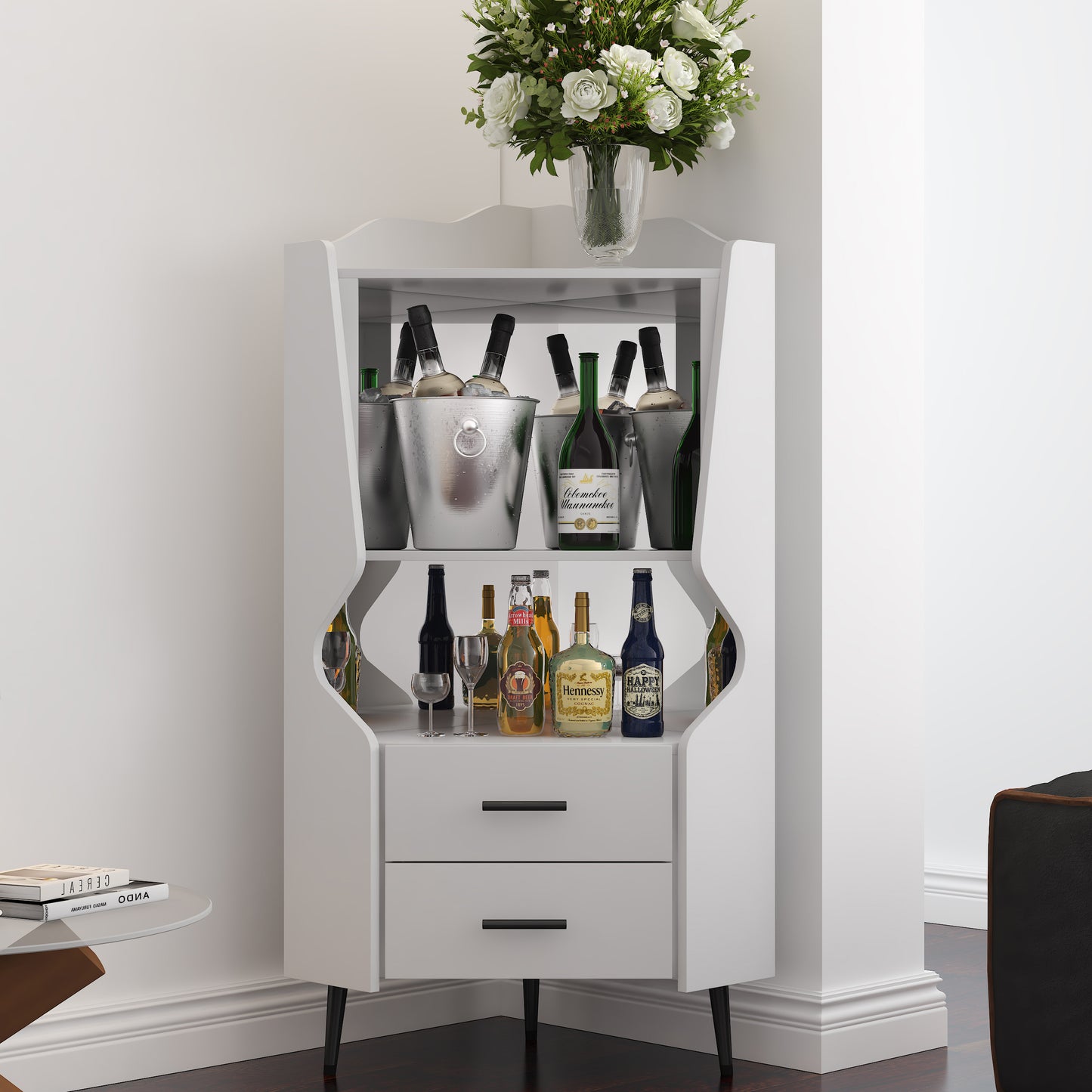 Wooden Corner Bar Cabinet With 2 Open Storage Shelves And Drawers,