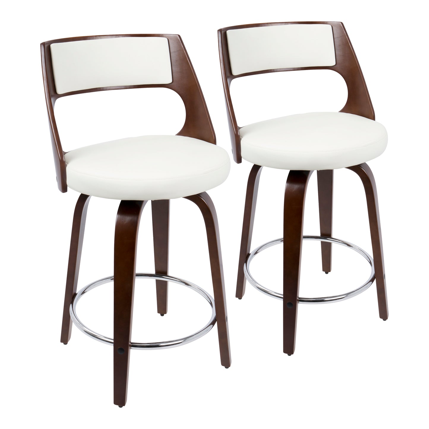 Mid-Century Modern Swivel Counter Stool Set of 2 - Cherry & White Faux Leather
