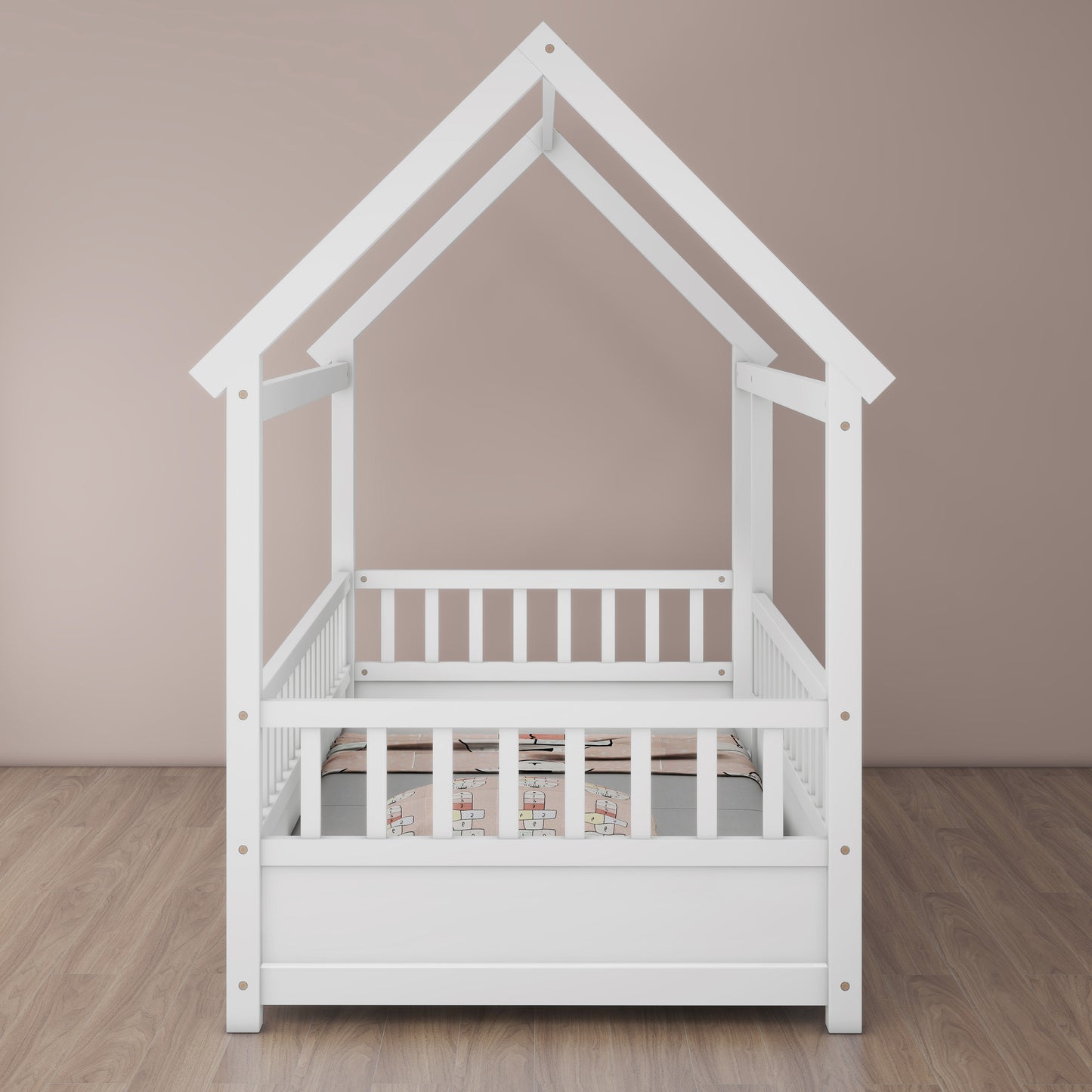 Twin Size Wooden Bed with House Roof Frame & Fence Guardrails - White