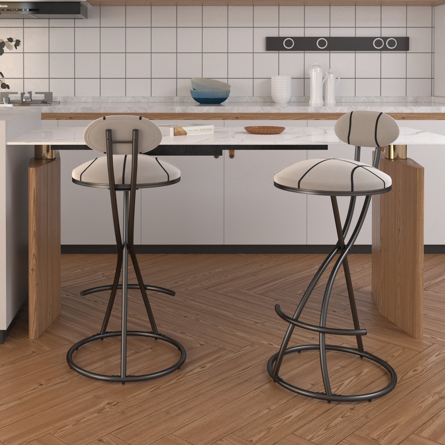 Modern Velvet Upholstered Bar Stools Set of 2 - Black Stripe