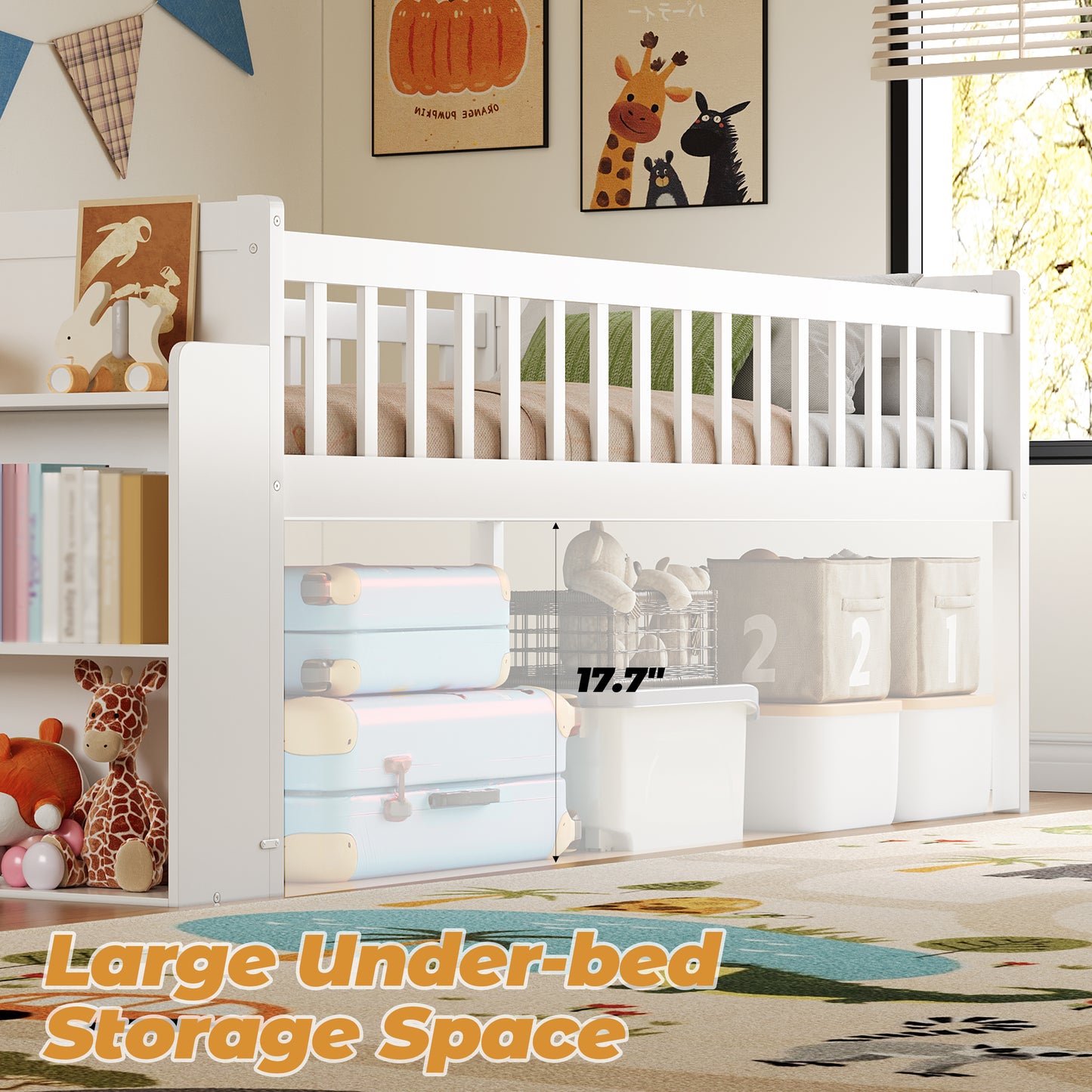 Twin Bed Frame With Storage Shelf, Wooden Slide And Ladder,Platform