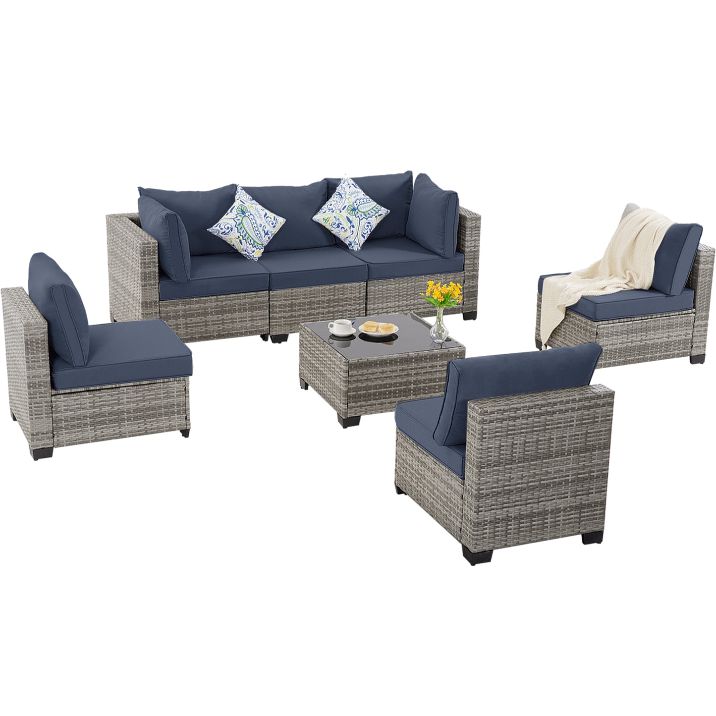 7-Piece All-Weather Wicker Patio Sofa Set with Cushions - Grey-Blue