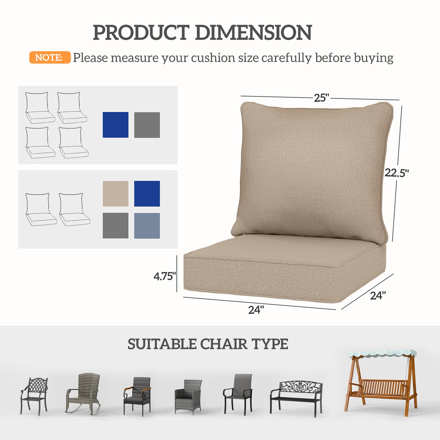 Patio Chair Cushions Set of 2 - Fade Resistant Beige