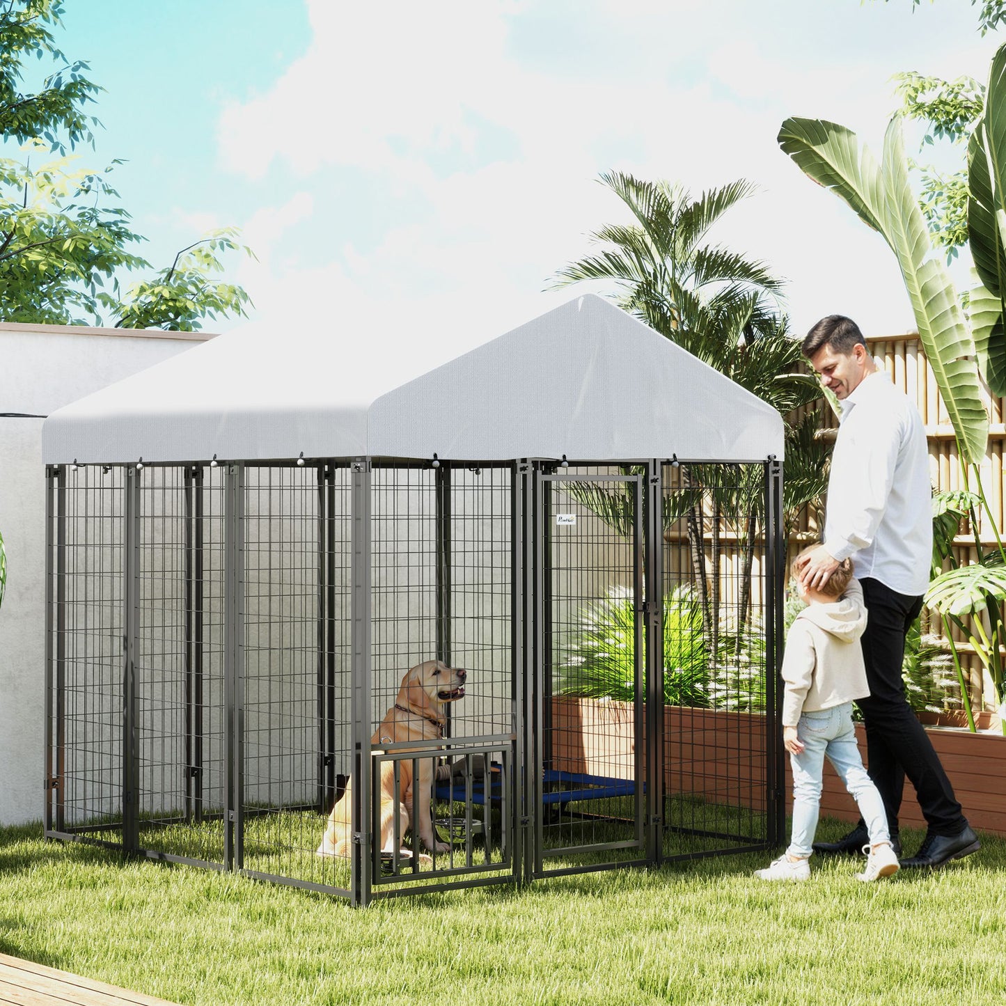 Outdoor Dog Kennel with Roof, 4-Level Adjustable Bowls & Rotating Feeder