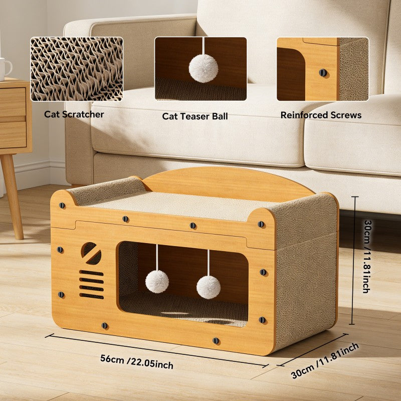 Double Layer Cat Scratcher Sofa Bed with Teaser Balls - 56cm, Yellow