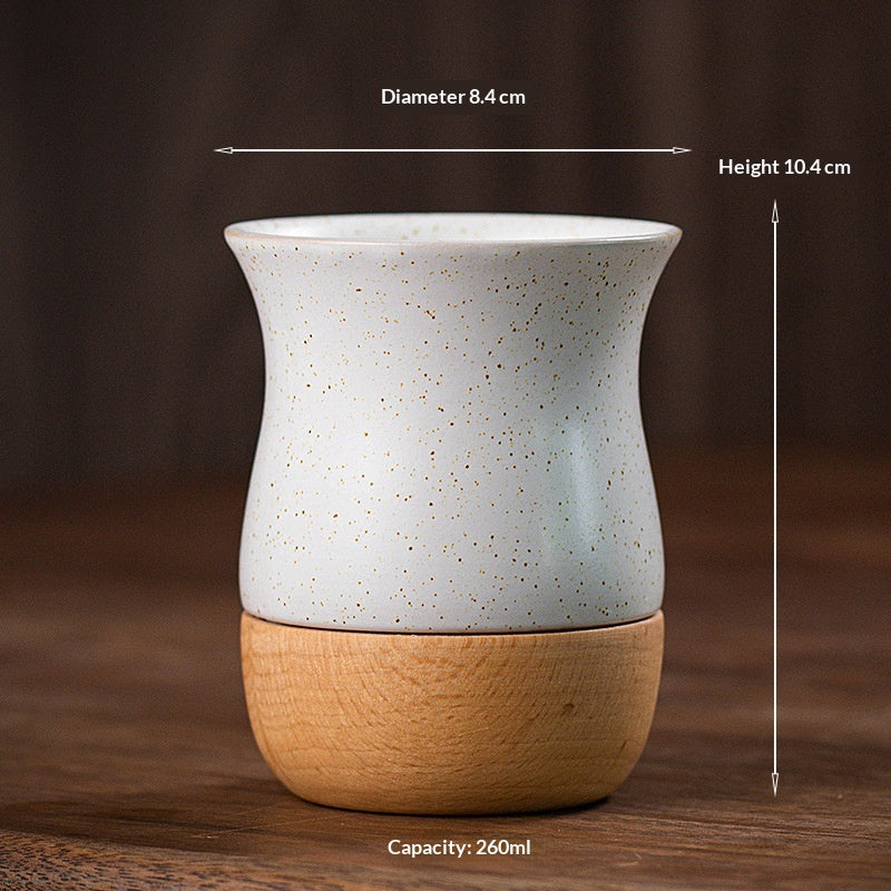 Retro Solid Wood Base Stoneware Coffee Mug 260ml - Multiple Colors