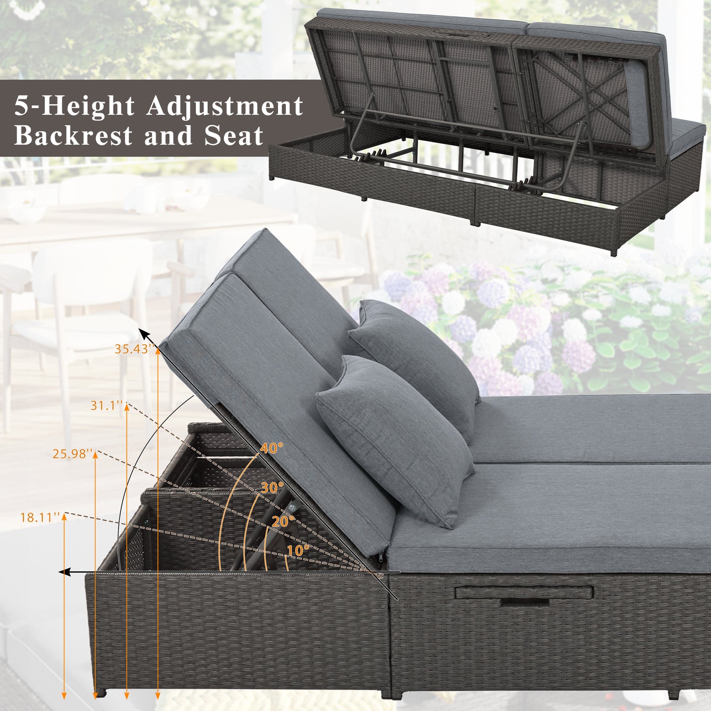 Outdoor Double Sunbed - Wicker Rattan Reclining Chairs for 2, Gray
