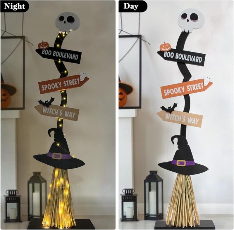 Halloween Glowing Wooden Witch Broom Decoration - Festive Holiday Decor