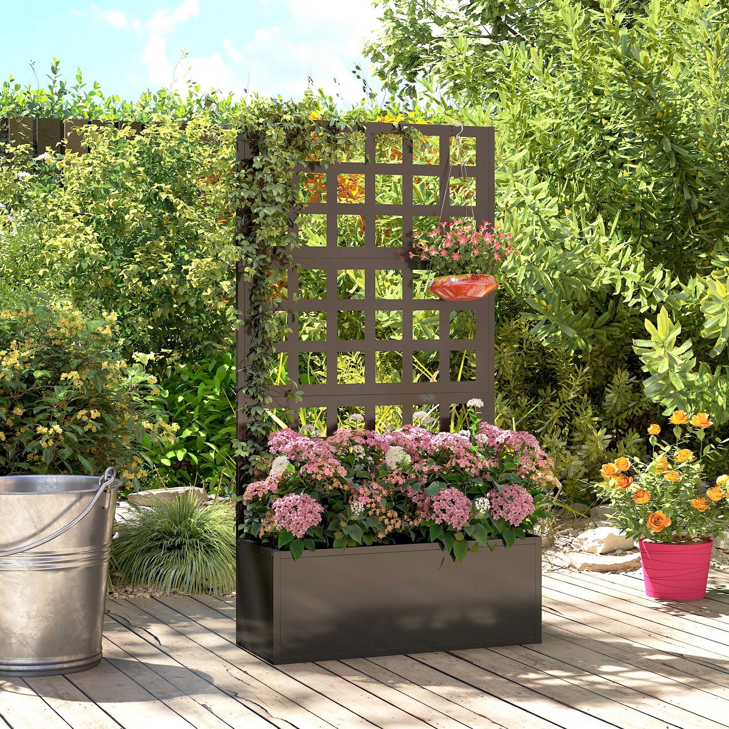 Galvanized Steel Raised Garden Bed with Trellis for Climbing Plants, 24x9x44.5 Inches, Black