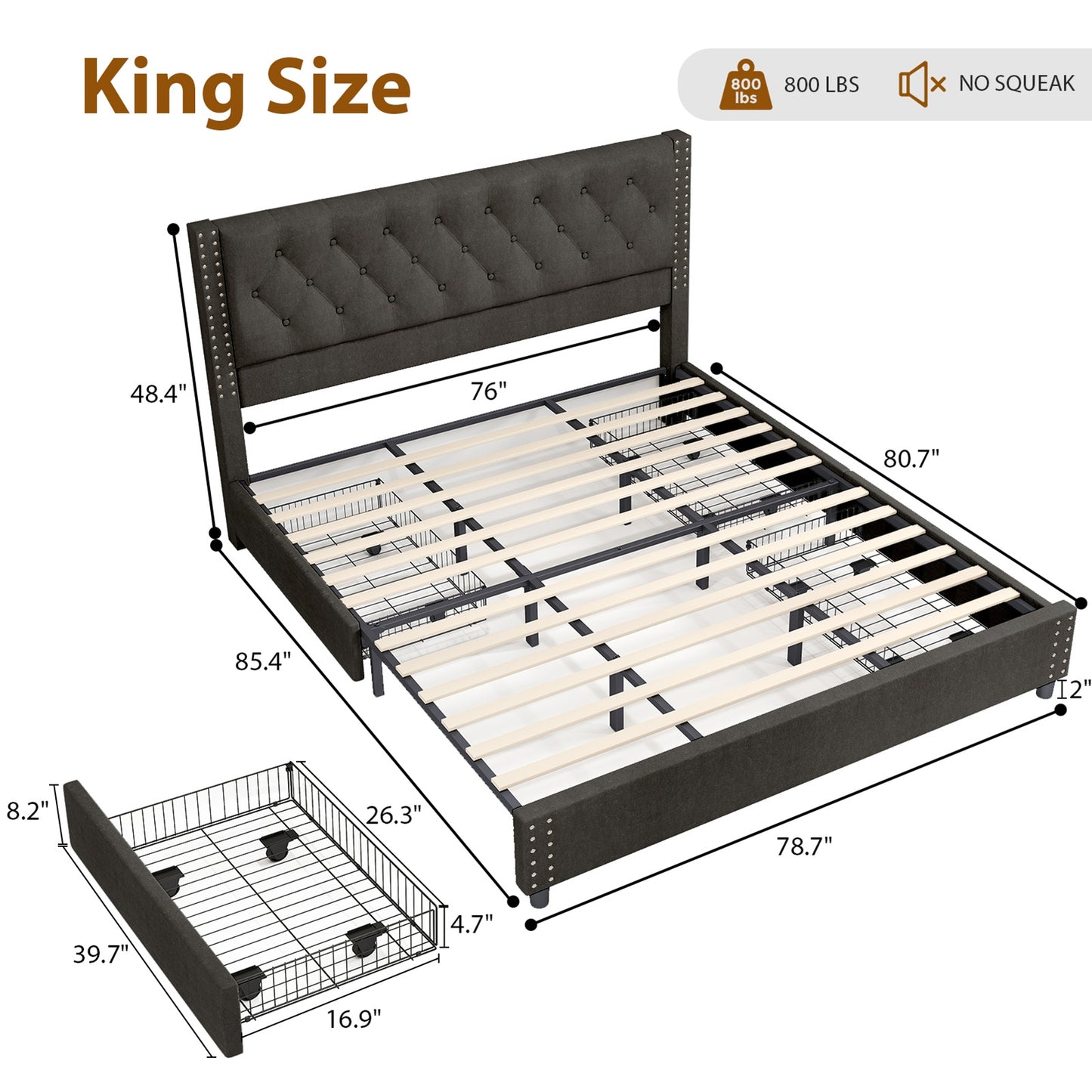 King Size Upholstered Bed Frame with Storage Drawers - Velvet Headboard
