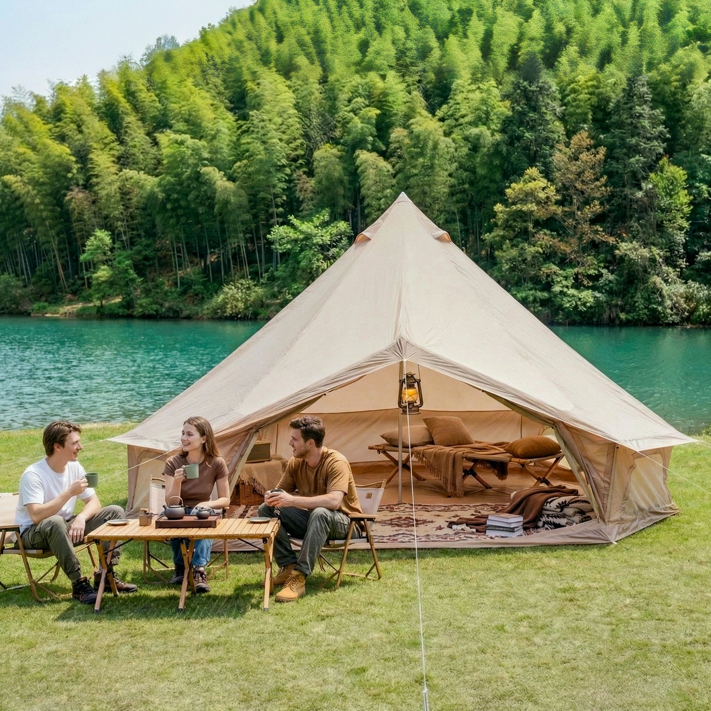 Beige 4-Season Bell Tent 13.1FT - Waterproof Family Camping Yurt