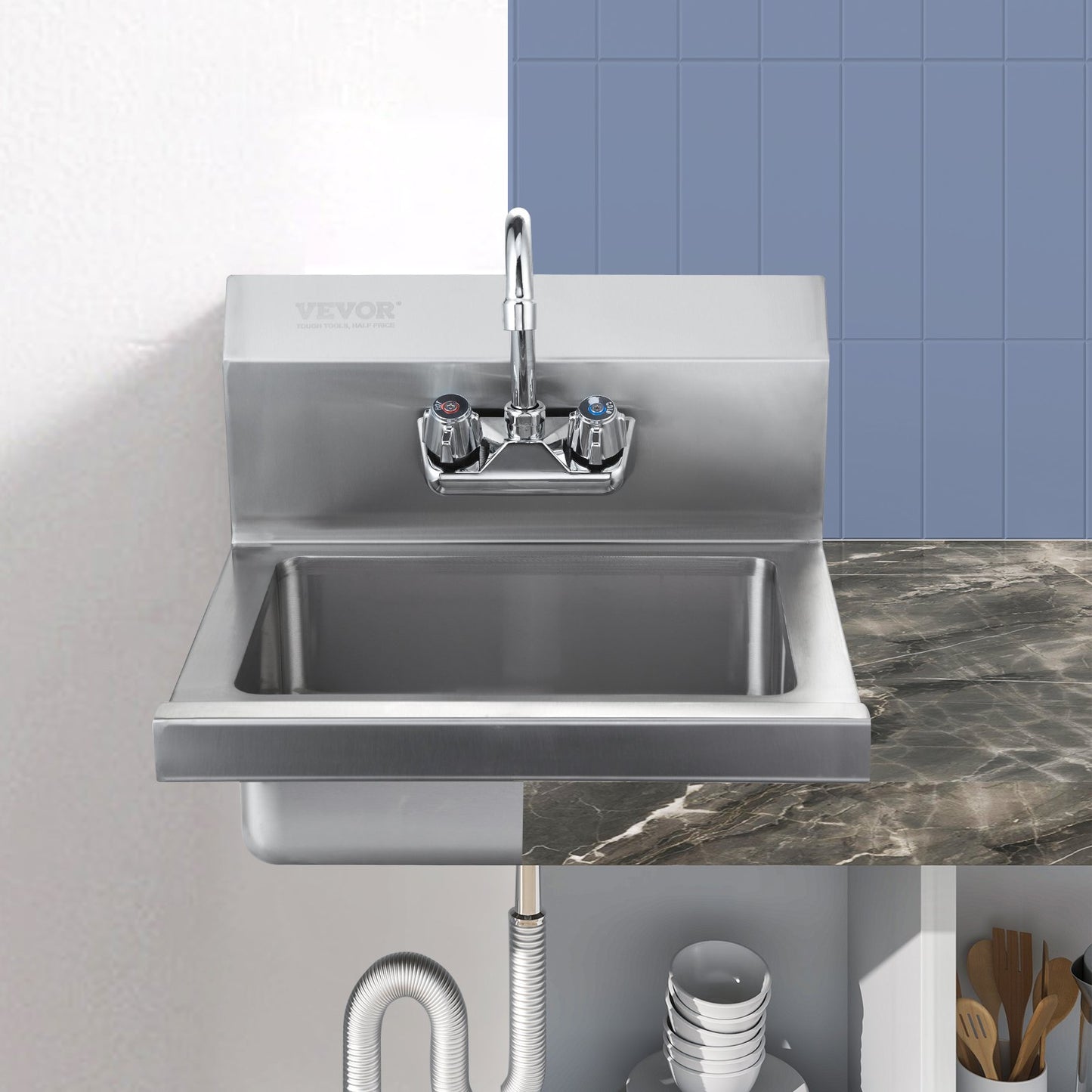 Stainless Steel Hand Sink with Faucet & Side Splash - 17x12.8 Inch