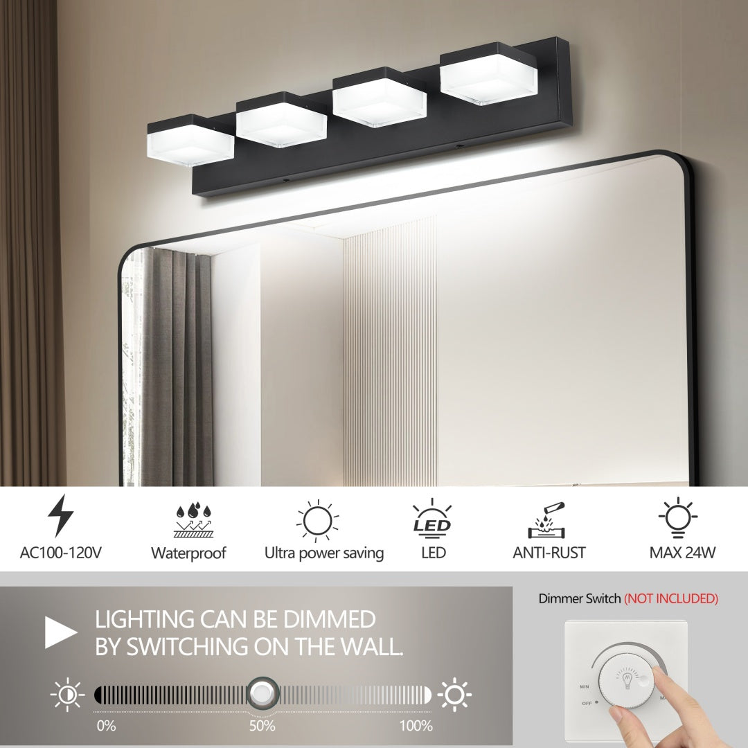 Dimmable Black Bathroom Vanity Light Fixture - 4 Lights, 24W LED