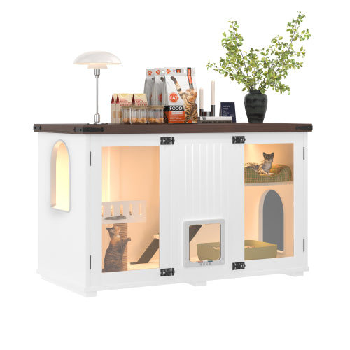 Large Cat Litter Box Enclosure with LED Light and Stairs - White