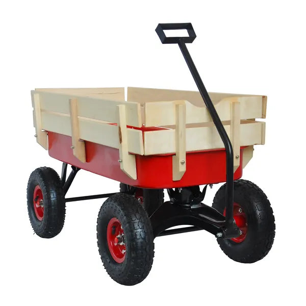 Outdoor Garden Wagon with Wooden Side Panels and Air Tires - Heavy Duty Utility Cart