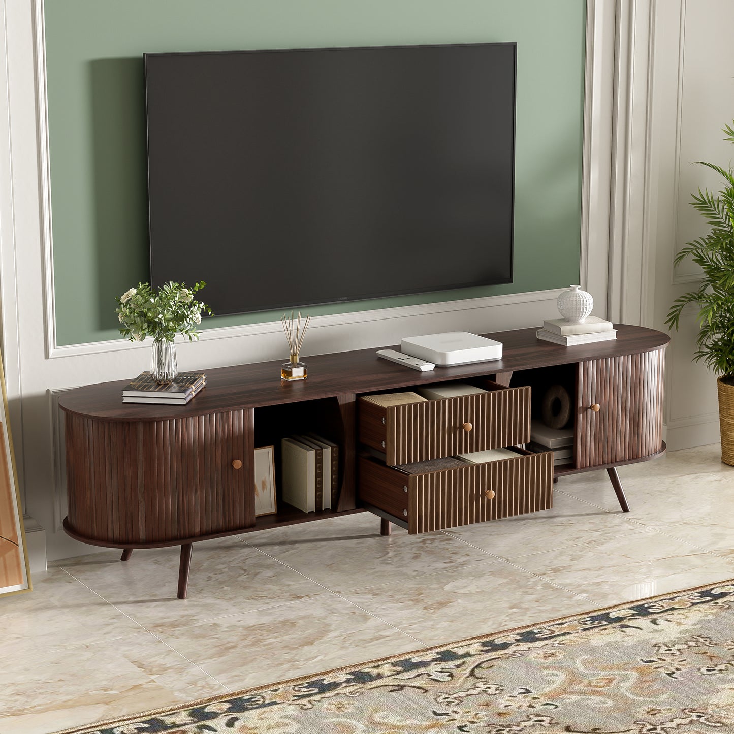 70 Inch Mid Century Modern TV Stand, Stand For 80 TV, With Tambour