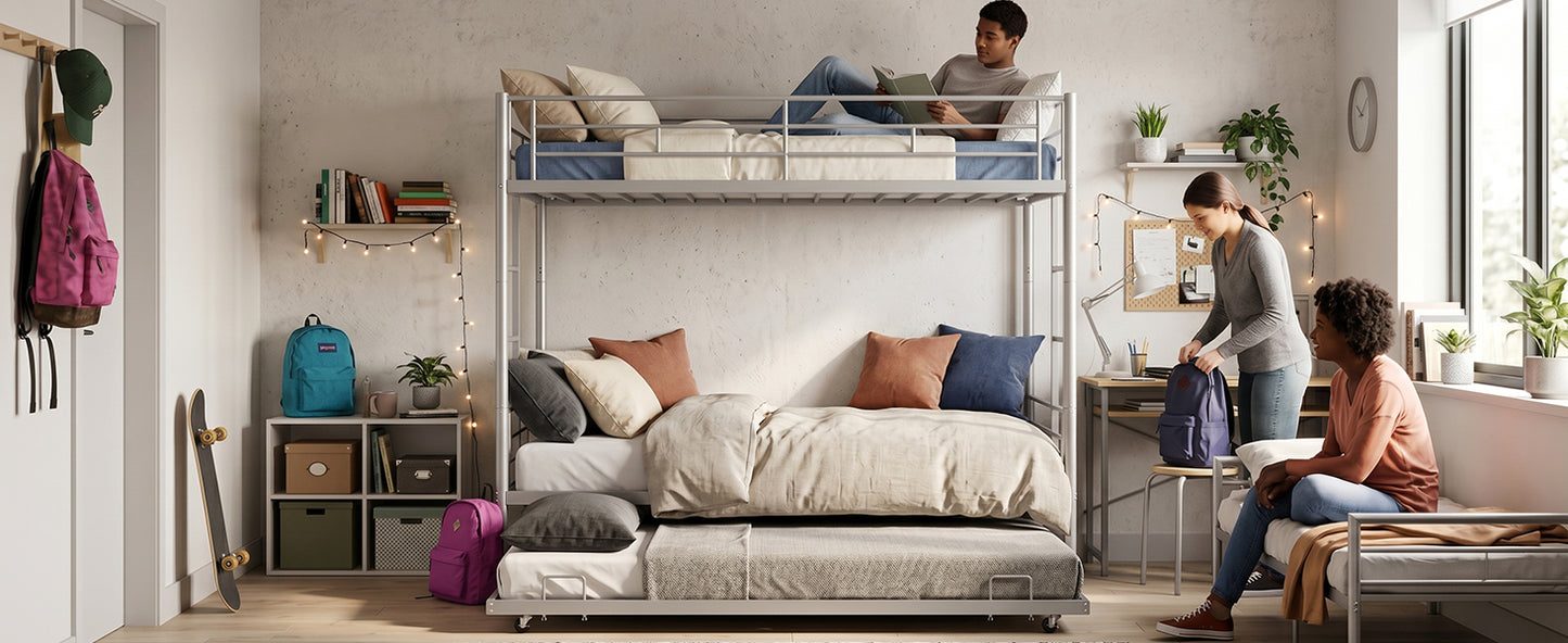 Twin Over Twin Bunk Bed with Trundle and Safety Rails