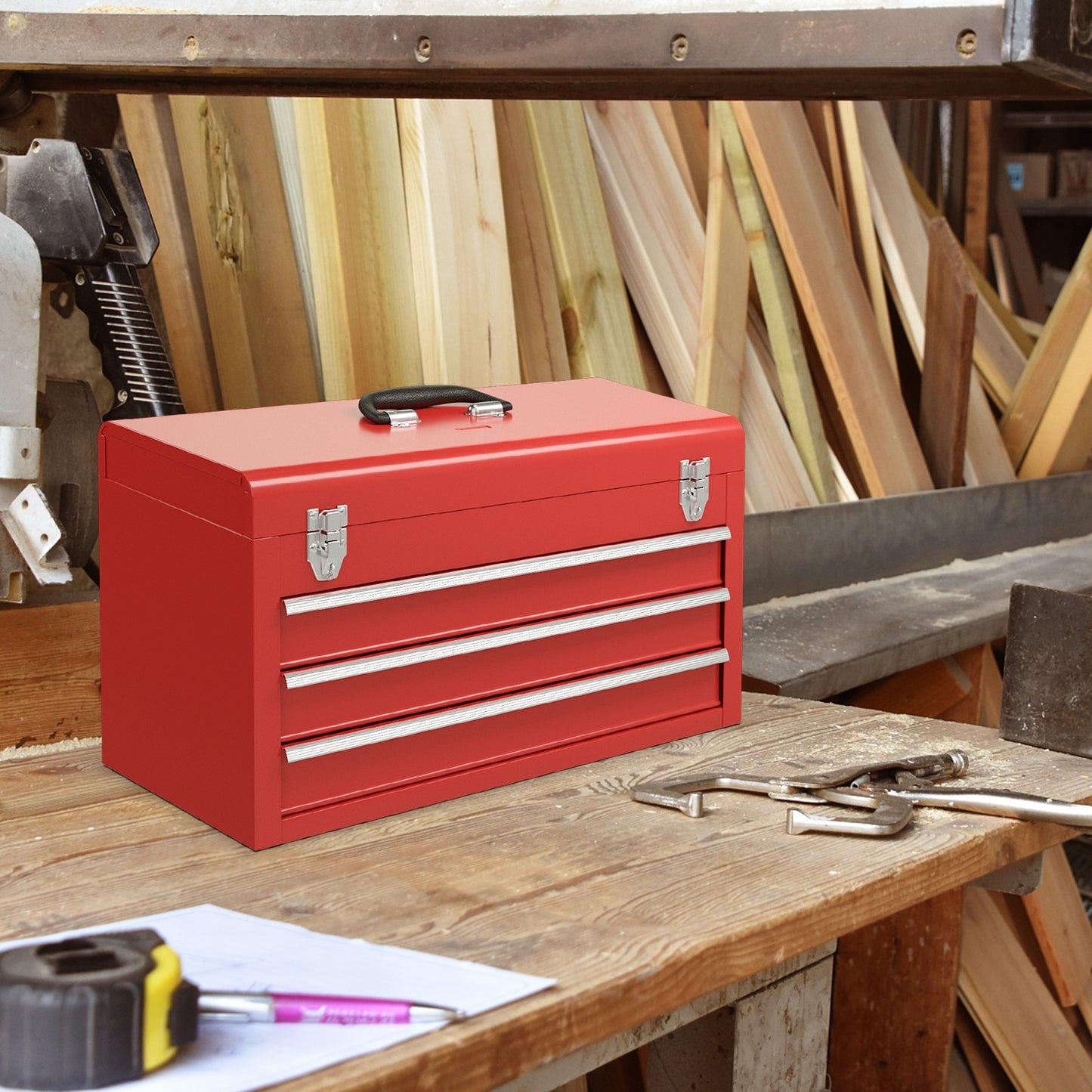 Portable Tool Cabinet with 3 Drawers - Red Mechanic Storage