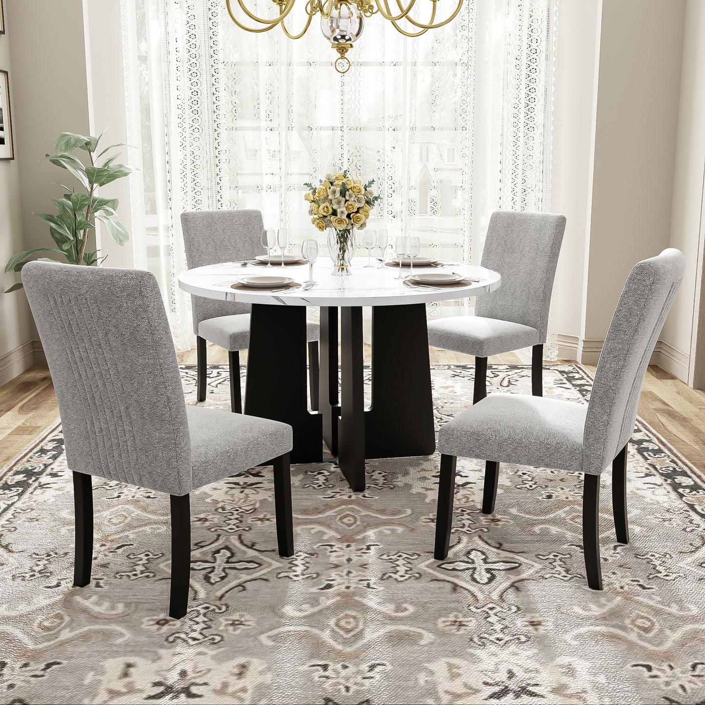 5-Piece Round Dining Table Set, 43-Inch Modern And 4 Upholstered