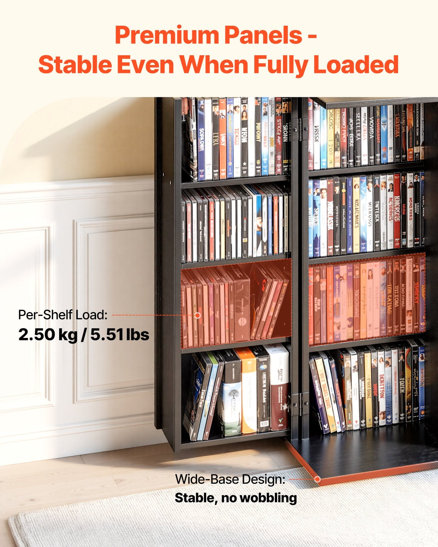 Media Storage Cabinet 4-Tier DVD Shelf Organizer for CDs, DVDs, Books – Black