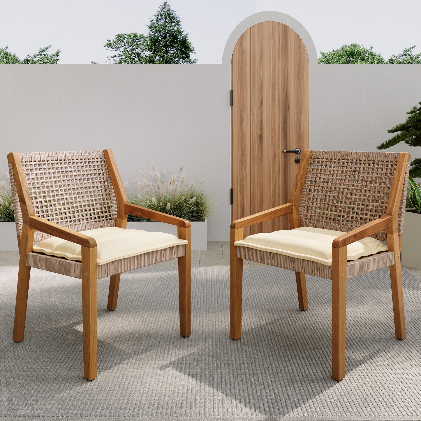 OUTDOOR DINING CHAIR -Acacia Wood & Wicker With Cream Cushion Patio