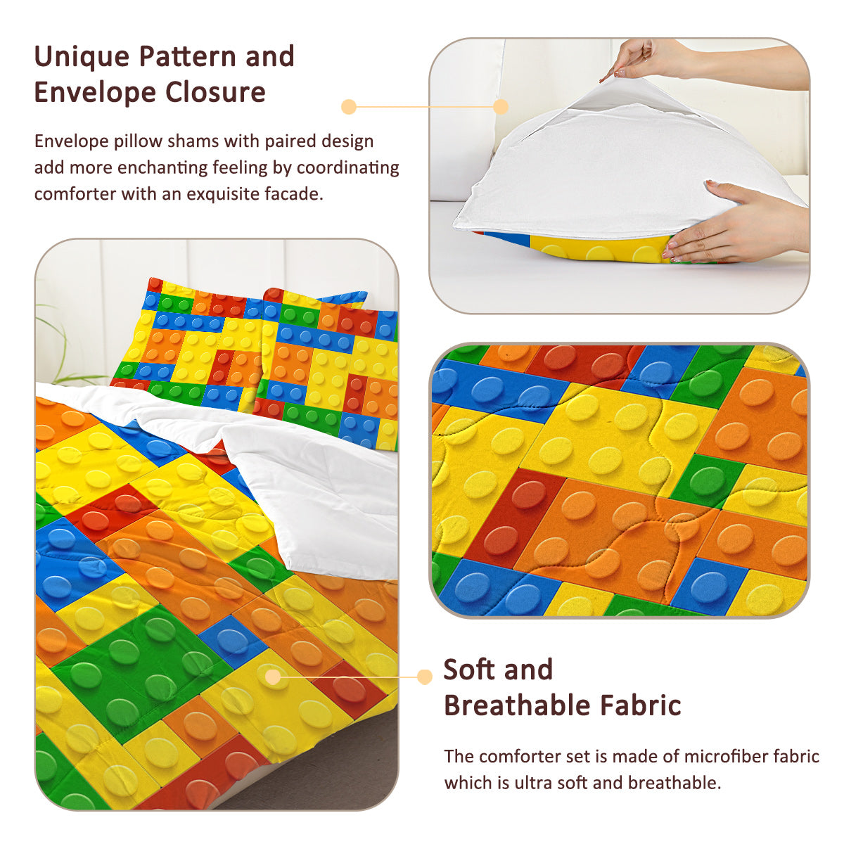 Colorful Building Blocks Comforter Set - 3 Piece Bedding Set