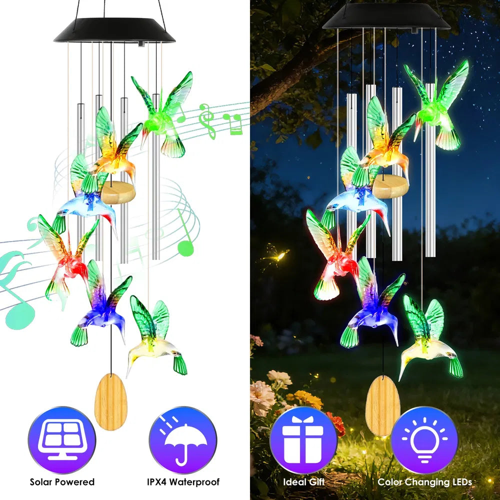 Solar Hummingbird Wind Chime with Color-Changing Lights - 2-Pack Options