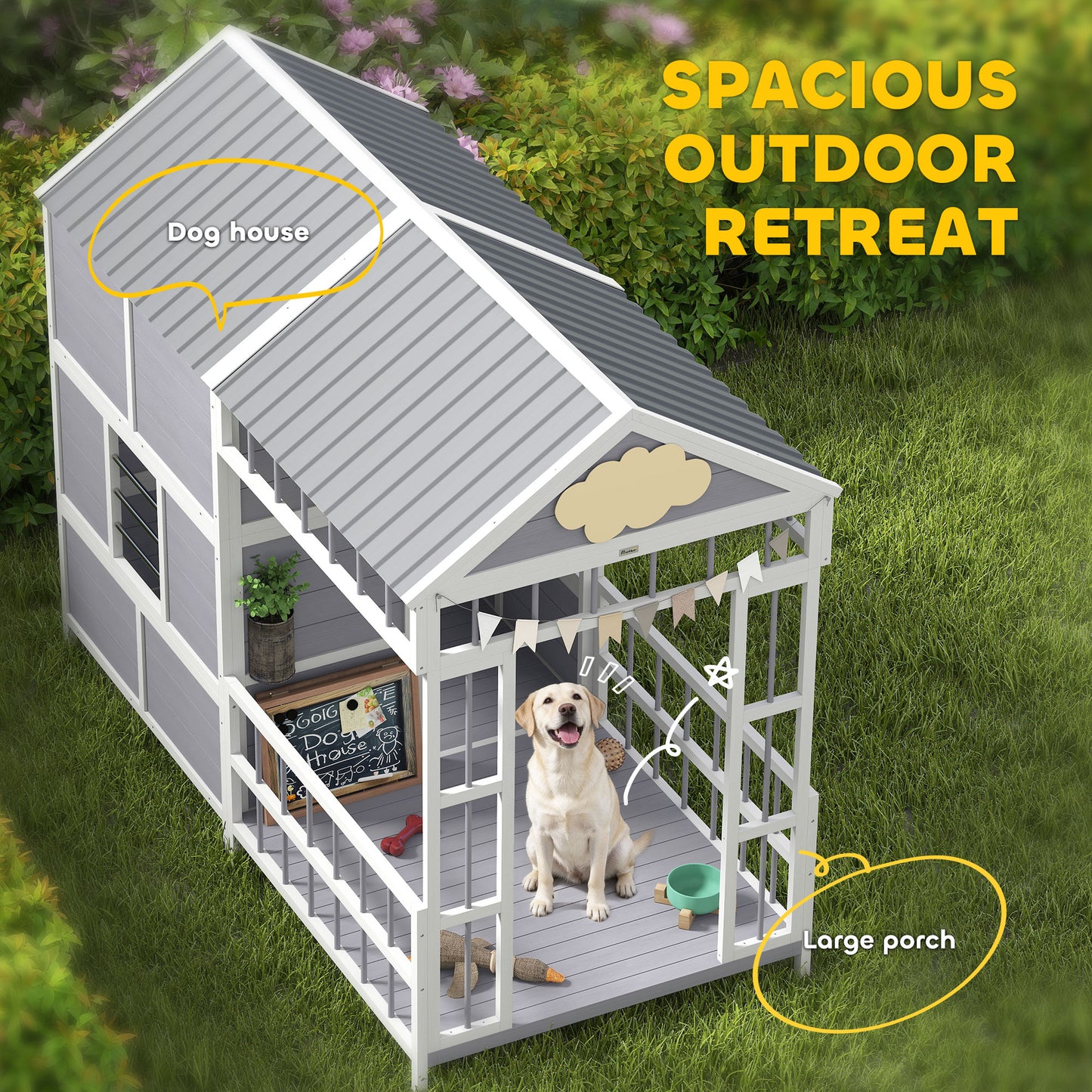 Large Wooden Dog House with Porch and Storage Cabinet - Weatherproof Outdoor Kennel