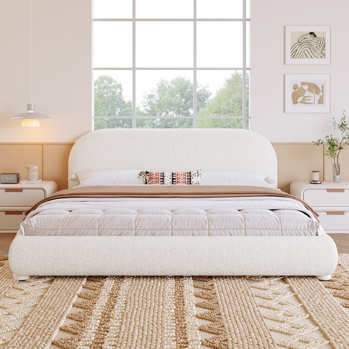 King Cream Fabric Upholstered Bed - Modern Double Bed