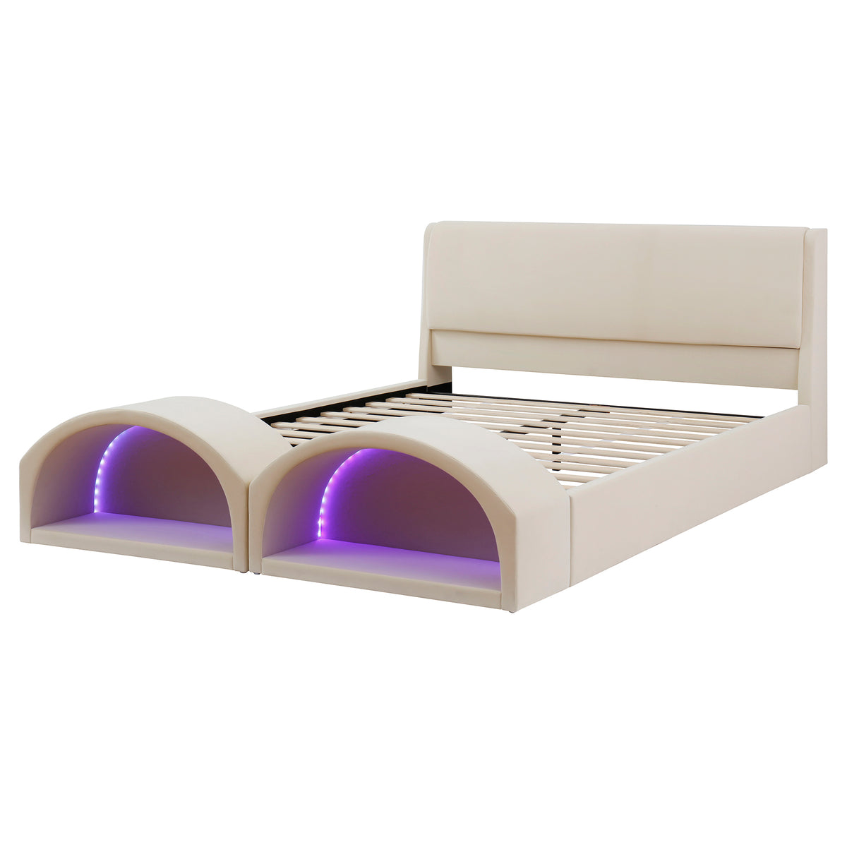 Queen Size Upholstered Platform Bed Frame with Dual Cat Caves & LED Pet Nests - Beige