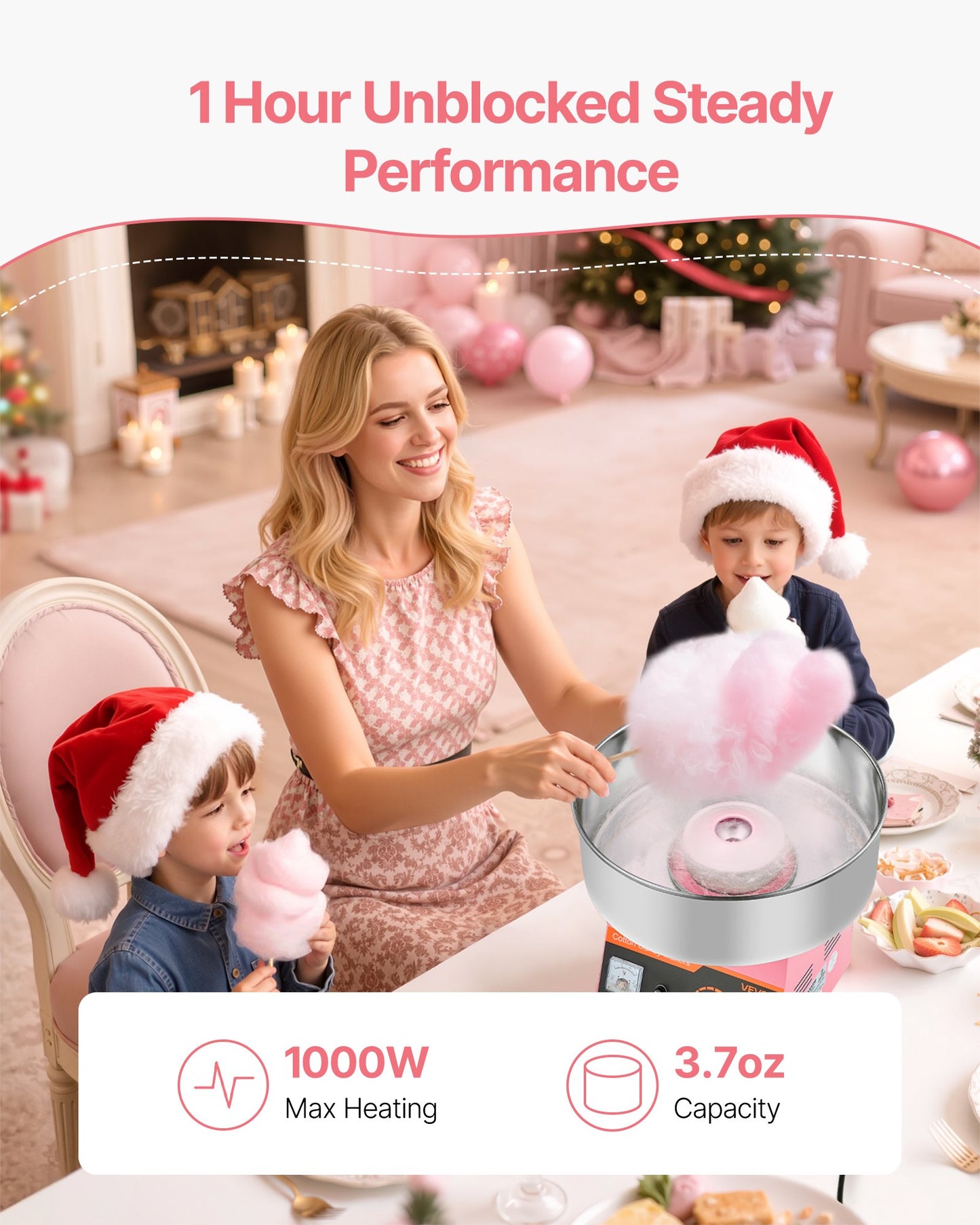 Electric Cotton Candy Machine Stainless Steel Pink 1000W Home & Party Use