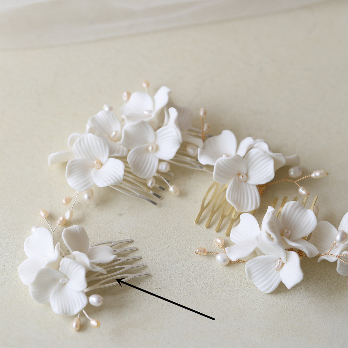 Ceramic Flower Bridal Headdress with Pearl Details