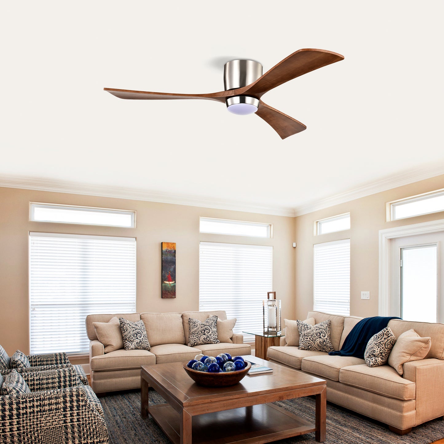 52-Inch Flush Mount Ceiling Fan with Remote Control - Nickel